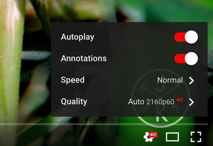 Video settings menu on screen showing autoplay and annotations toggled on, with quality set to 4K Ultra HD.