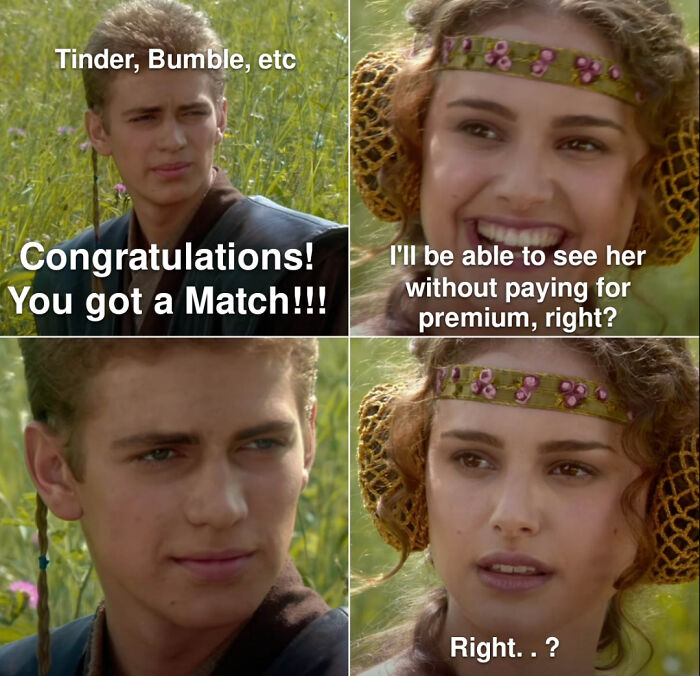 Scene from a movie meme illustrating funny dating memes about matches and premium app features in online dating life.