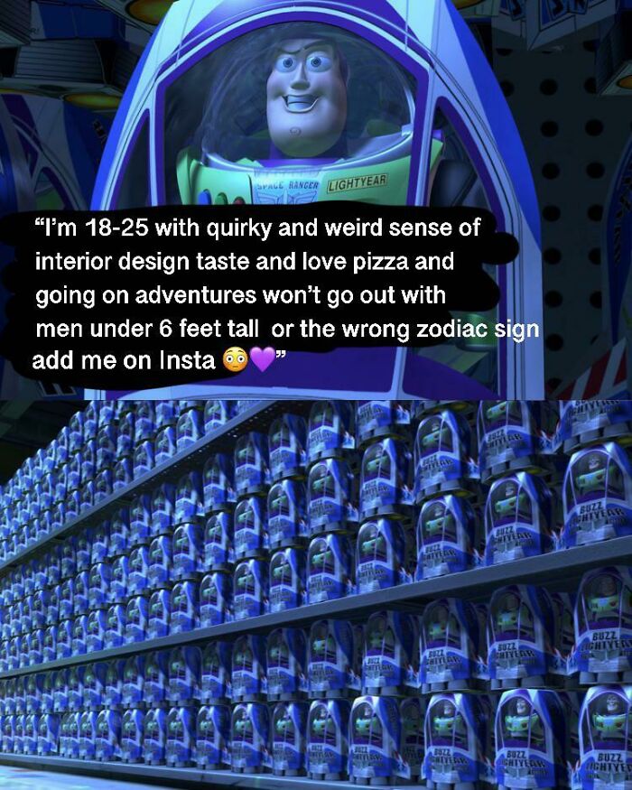 Buzz Lightyear toys on store shelves with a funny dating meme about quirky preferences and zodiac signs.