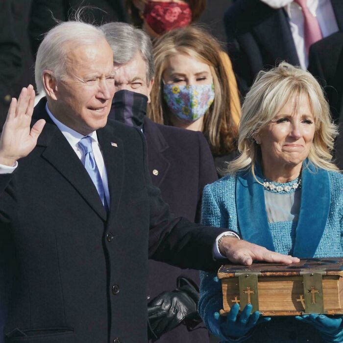 Joe Biden taking oath with Jill Biden holding a Bible, surrounded by people, illustrating perception of time comparisons.