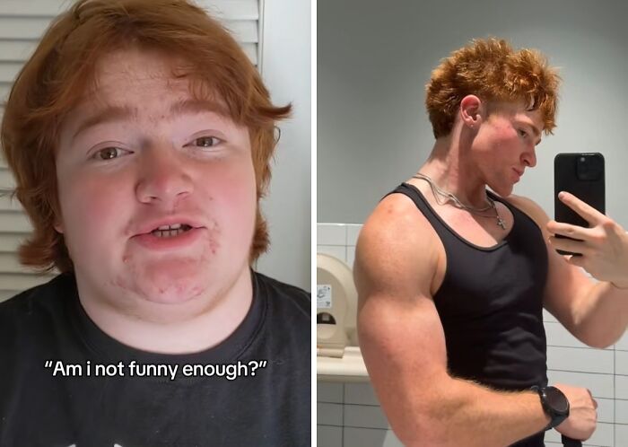 Before and after photo showing an incredible transformation of a young man building muscle and confidence.