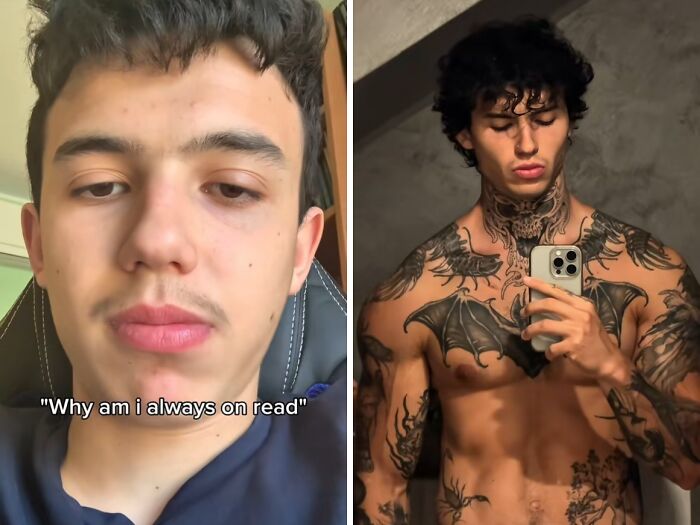 Young man’s incredible transformation shown in before and after photos with detailed tattoos and muscular physique.
