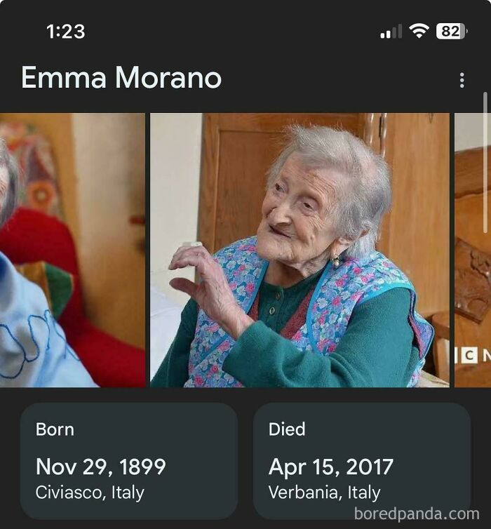 Image of Emma Morano with birth and death dates, illustrating a random comparison that challenges perception of time.