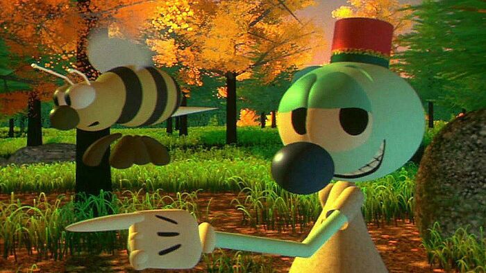 Animated character pointing at a large bee in a colorful forest scene illustrating random comparisons that mess with perception of time.