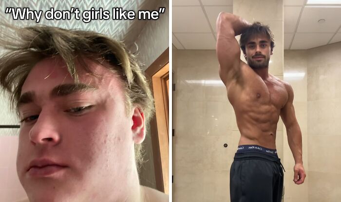 Before and after transformation showing a young man’s impressive physical change and fitness progress.