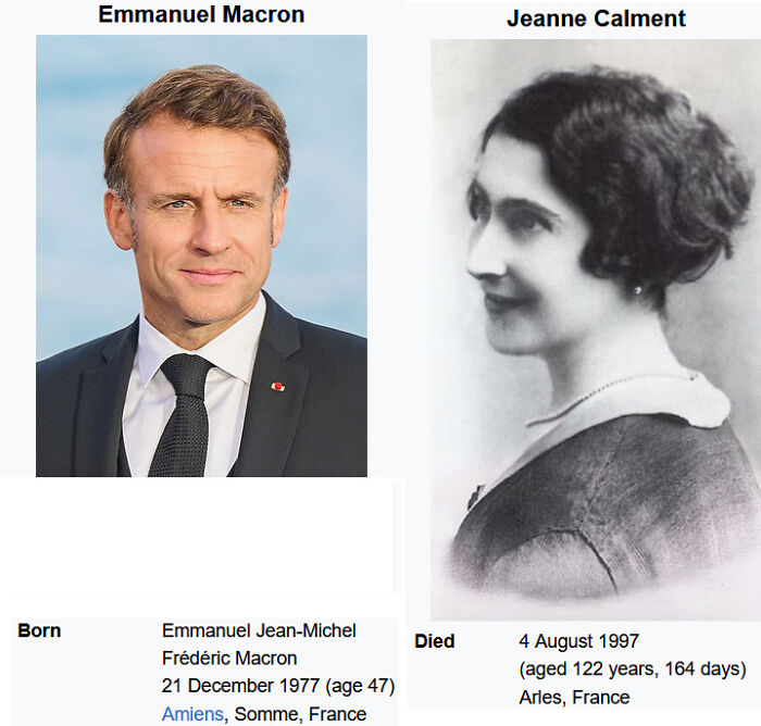 Side-by-side images comparing Emmanuel Macron and Jeanne Calment to illustrate perception of time differences.