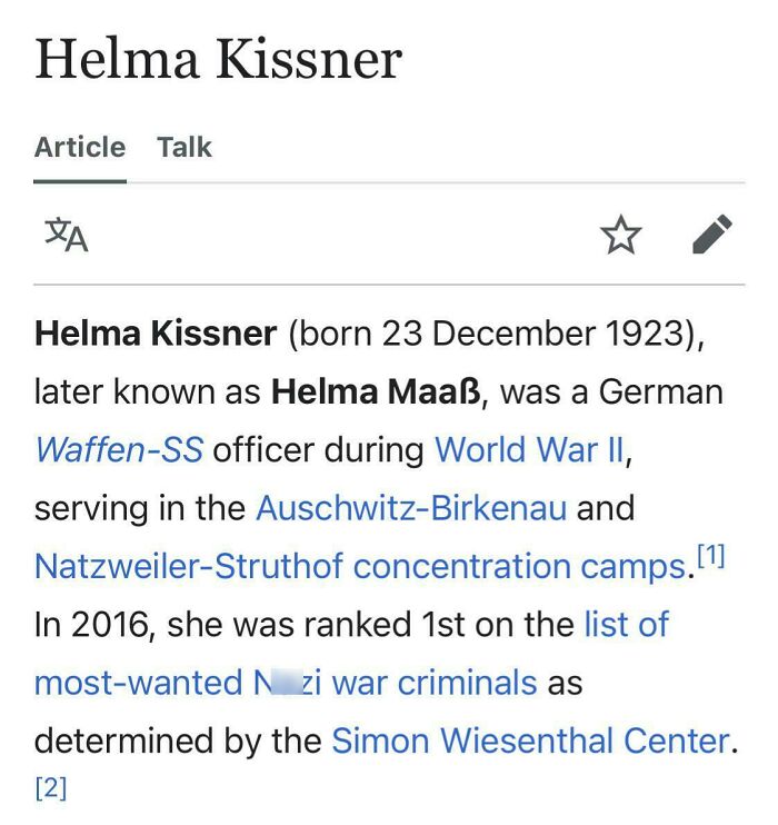 Screenshot of a Wikipedia article page about Helma Kissner detailing her World War II history and war crimes.