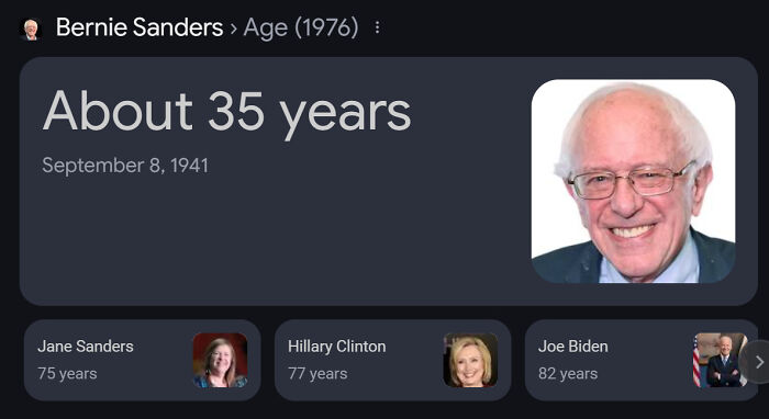 Screenshot showing Bernie Sanders age 35 years compared to Jane Sanders 75, Hillary Clinton 77, and Joe Biden 82 in time perception comparisons.