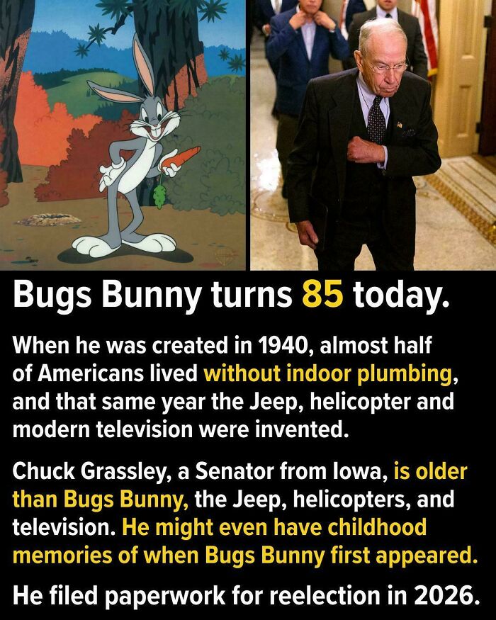 Split image showing Bugs Bunny cartoon and Senator Chuck Grassley with text comparing Bugs Bunny’s age to historical inventions and people.