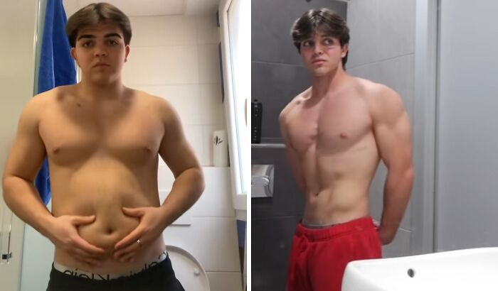 Young man showing incredible transformation with a significant change in muscle tone after deciding to change.