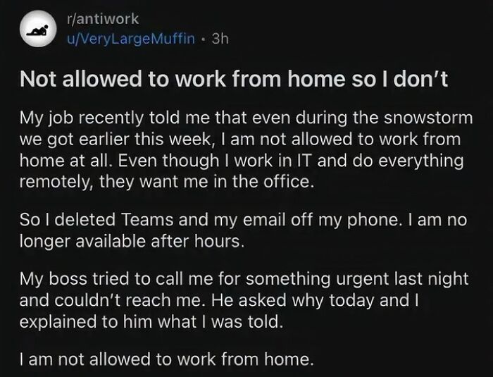 Reddit post discussing the nightmare of being not allowed to work from home despite remote IT work in 2025.