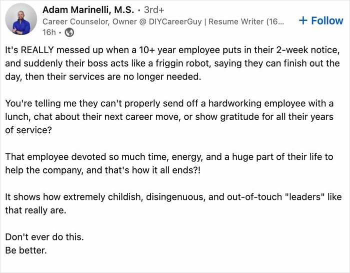 LinkedIn post about employee resignation experiences highlighting challenges and frustrations in parts of working in 2025.