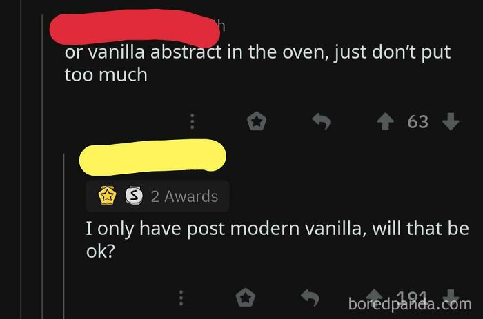Redacted user asking about vanilla abstract in oven, with another user confidently replying about post modern vanilla, showing embarrassing confidence.