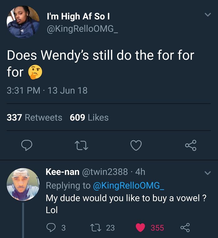 Tweet showing embarrassing confident mistake about Wendy's slogan with a witty reply offering to buy a vowel.