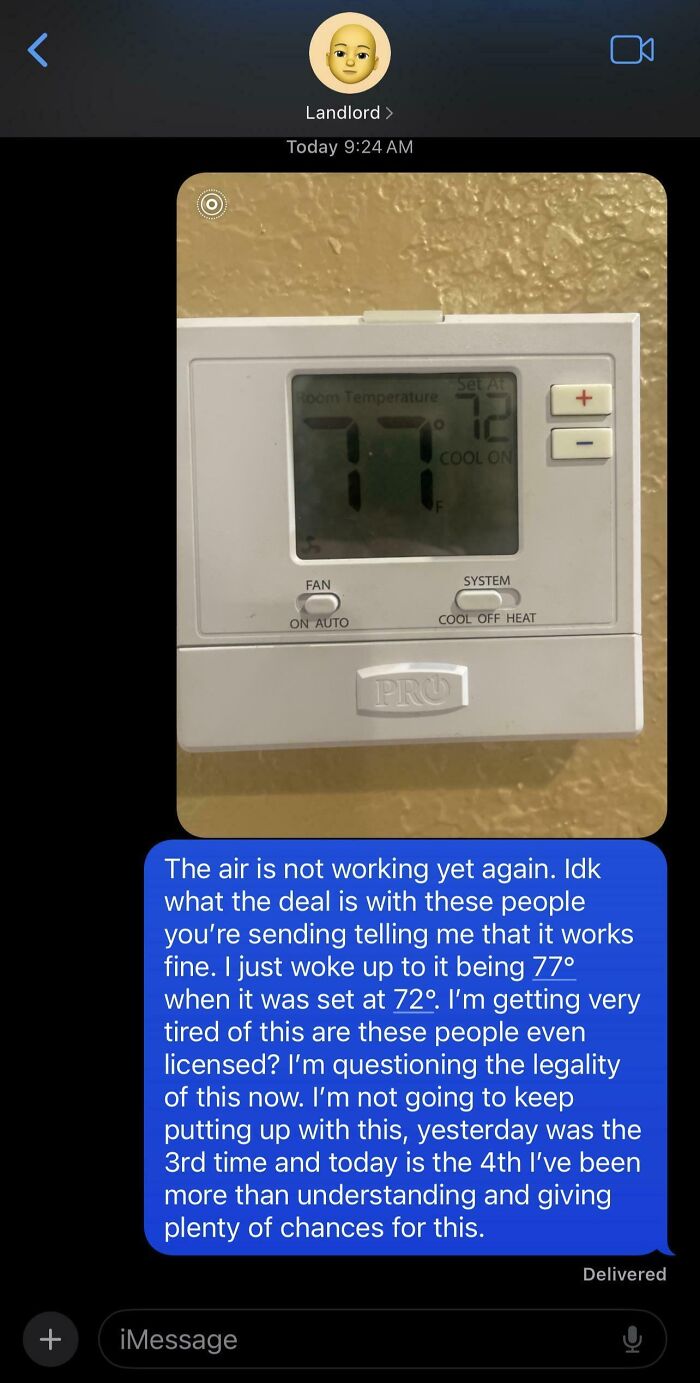 Text message complaining about landlord's failure to fix air conditioning despite multiple chances from renters.
