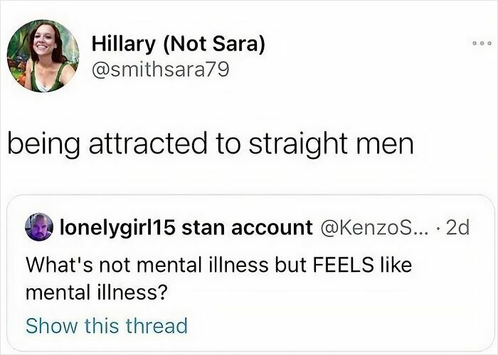 Twitter exchange about attraction to straight men, illustrating funny dating memes about complicated love life feelings.