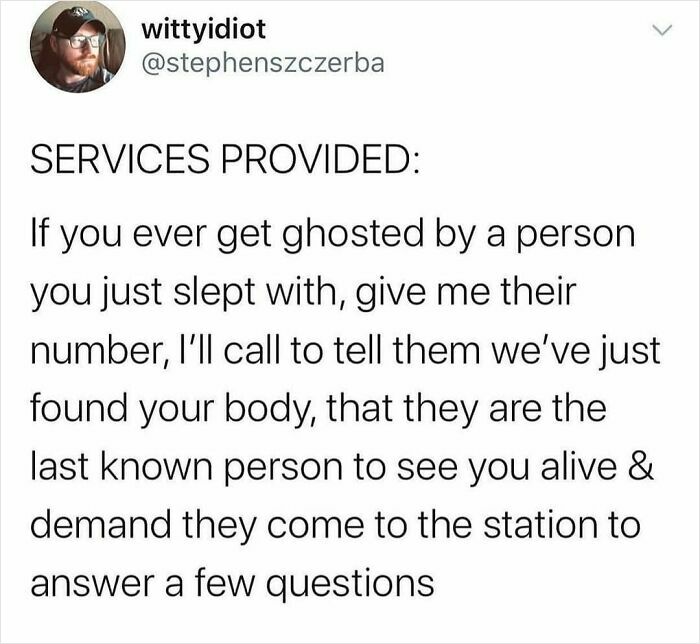 Screenshot of a funny dating meme about ghosting and offering to call the person who disappeared after a hookup.