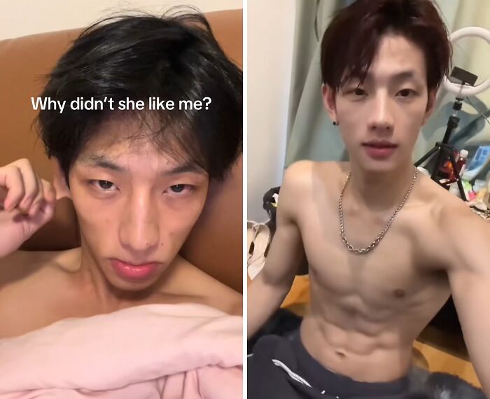 Before and after transformation of a young man showing incredible physical changes after deciding to change.