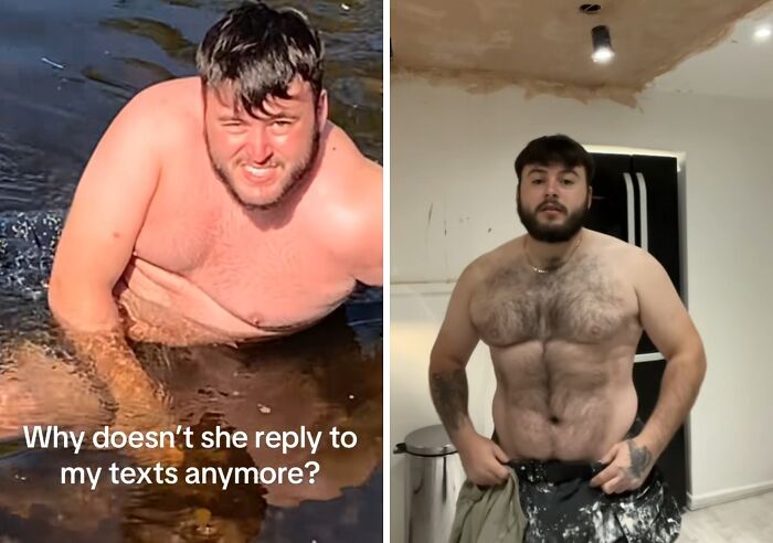 Before and after weight loss transformation of a man showing incredible physical changes and improved fitness.