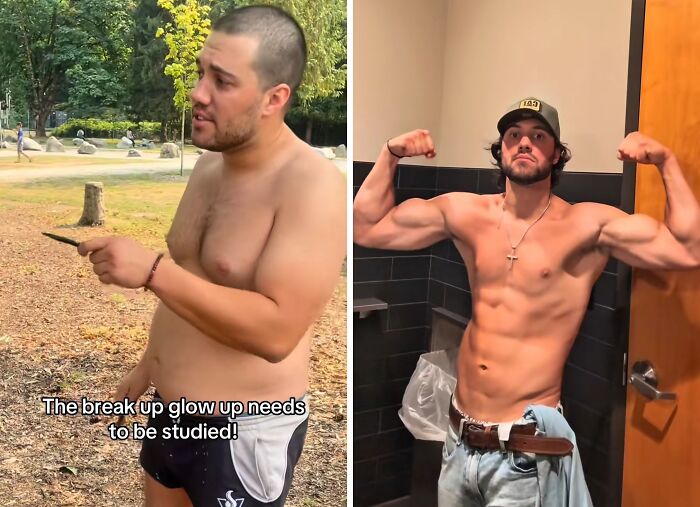 Side-by-side photos showing an impressive fitness transformation as part of incredible transformations people went through.