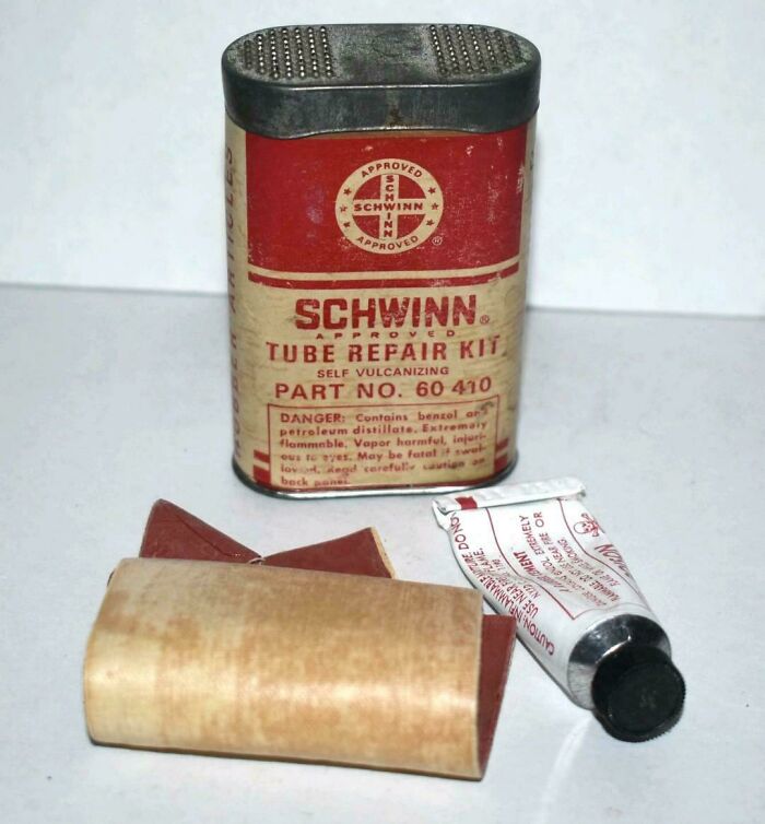Vintage Schwinn tube repair kit with patches and glue, a nostalgic item to make you feel old as heck.