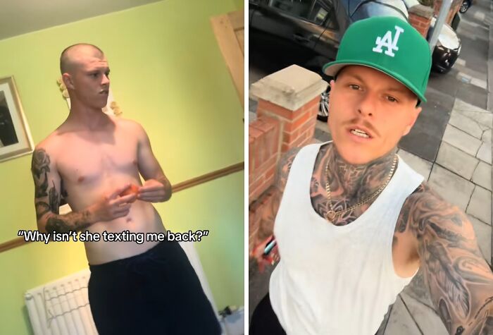 Before and after transformation of a tattooed man showing incredible physical change and confidence outdoors.