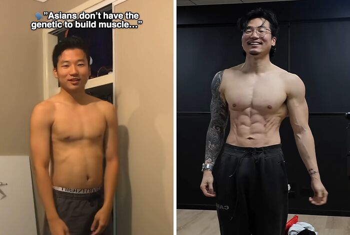 Before and after photo showing an impressive body transformation of a man building muscle with dedication and consistency.