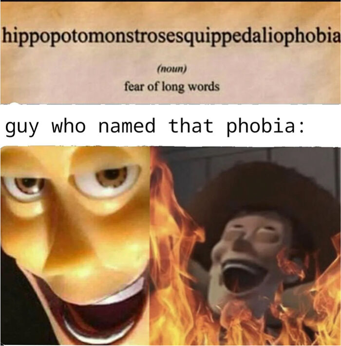 Alt text: The fear of long words humorously shown with the phobia name and two animated characters laughing amid flames.