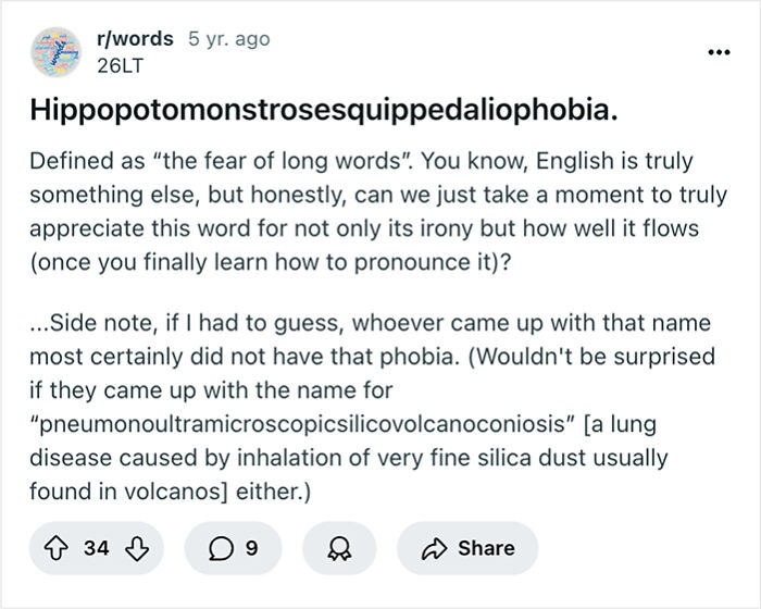 Reddit post explaining hippopotomonstrosesquippedaliophobia as the fear of long words, highlighting the irony and pronunciation.