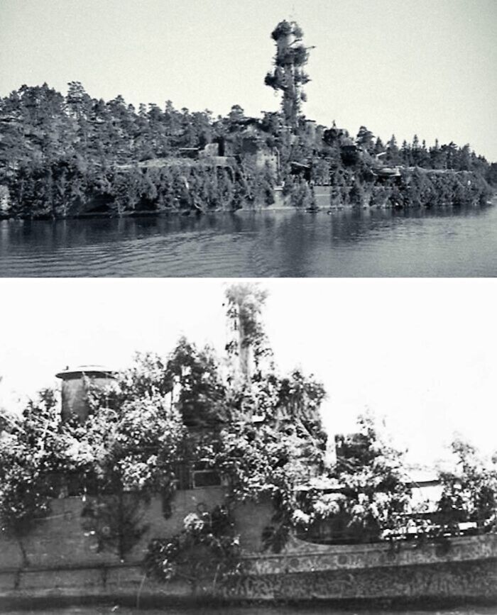 Two black and white historical photos showing a heavily camouflaged military structure surrounded by trees near water.