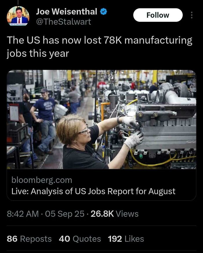 Tweet about US manufacturing job losses with a woman working on machinery in a busy factory setting.