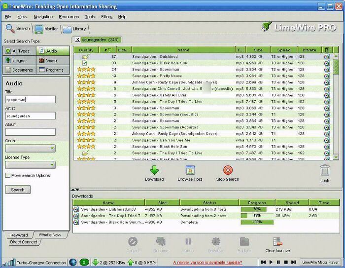 LimeWire PRO interface showing ’90s music downloads with search results and progress for Soundgarden songs.