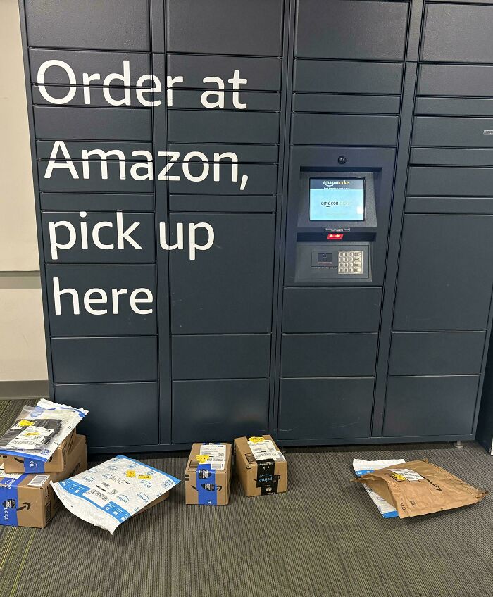 Amazon locker with packages left on the floor instead of inside lockers showing common sense fails and one job mistakes.