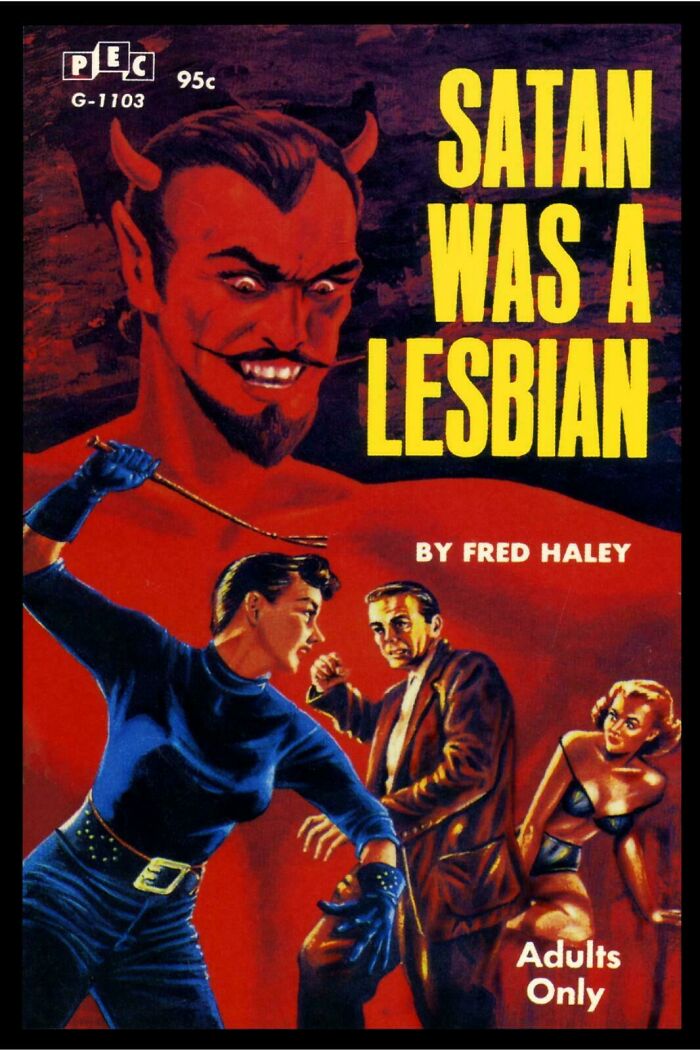 Vintage book cover with exaggerated devil figure and dramatic characters, showcasing one of the most incredibly awful book covers.