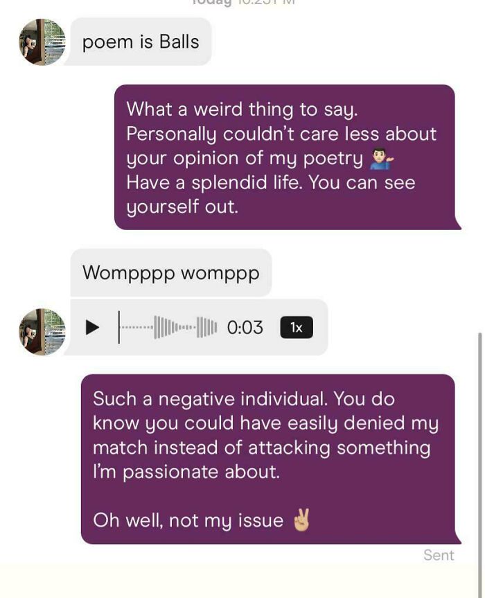Text message exchange showing a woman responding calmly to online negative and delusional behavior about her poetry.