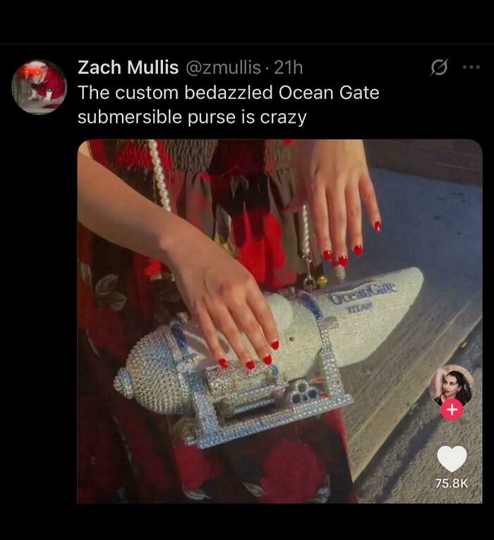 Person holding a custom bedazzled Ocean Gate submersible purse, showcasing unhinged sentences that left everyone speechless.