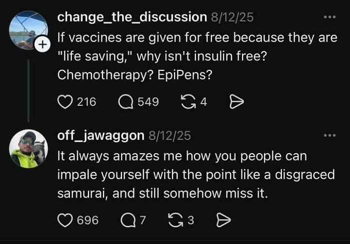Screenshot of unhinged sentences on social media questioning medical costs and using samurai metaphor leaving readers speechless.