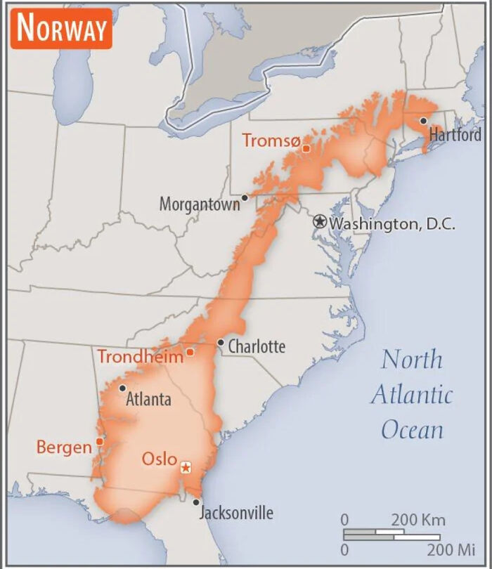Map showing Norway's size compared to the eastern United States, highlighting cities in both regions for perspective.
