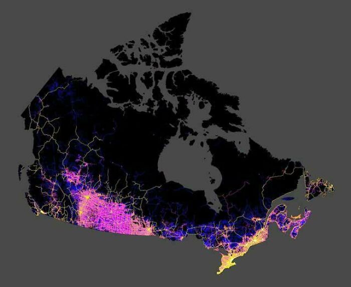 Canada map showing population density and connectivity patterns in an informative maps perspective on our world.