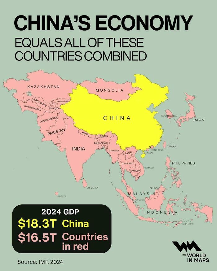 Map showing China’s economy compared to combined GDP of several Asian countries in an informative map about world economics.