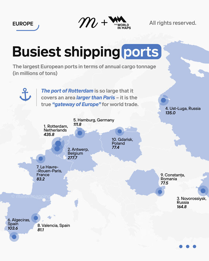 Map of busiest European shipping ports by annual cargo tonnage, highlighting key global trade gateways and port sizes.