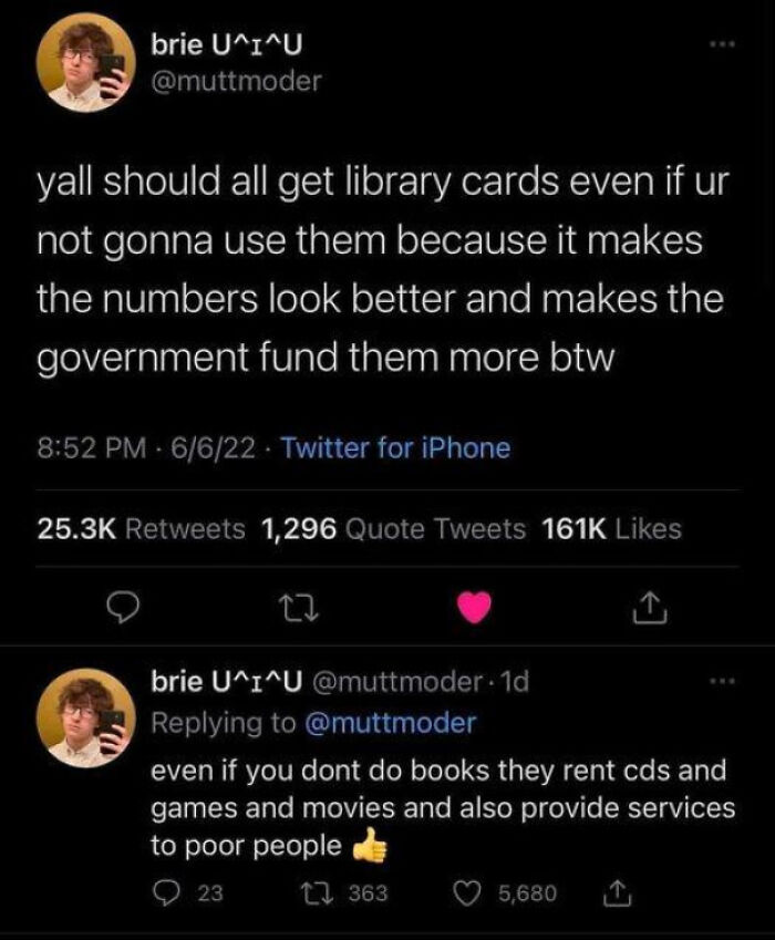 Twitter user encourages getting library cards to support funding, highlighting the chaotic good impact of helping communities in unique ways.