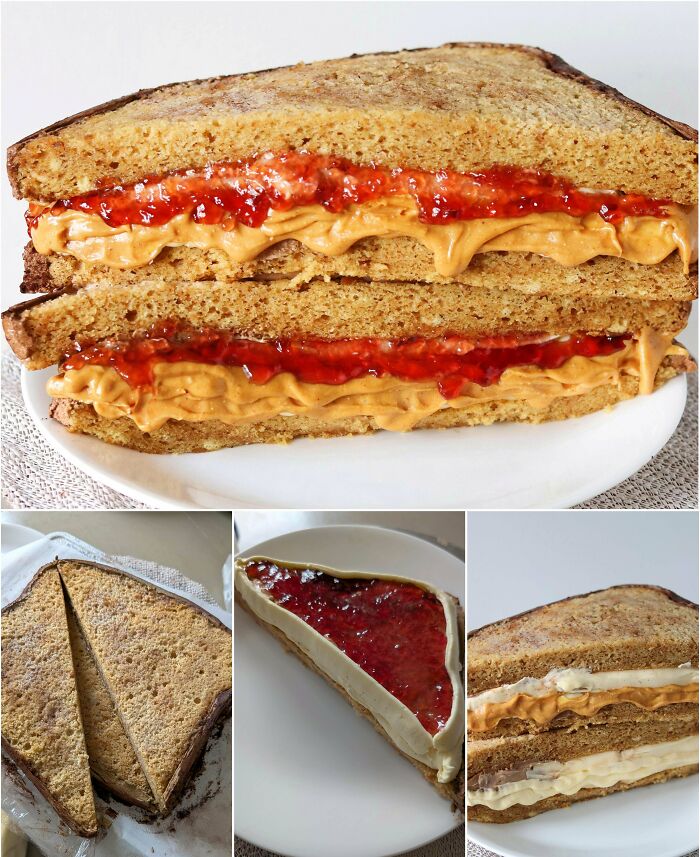 Close-up of delicious baked goods featuring peanut butter and jelly sandwiches made with homemade bread.