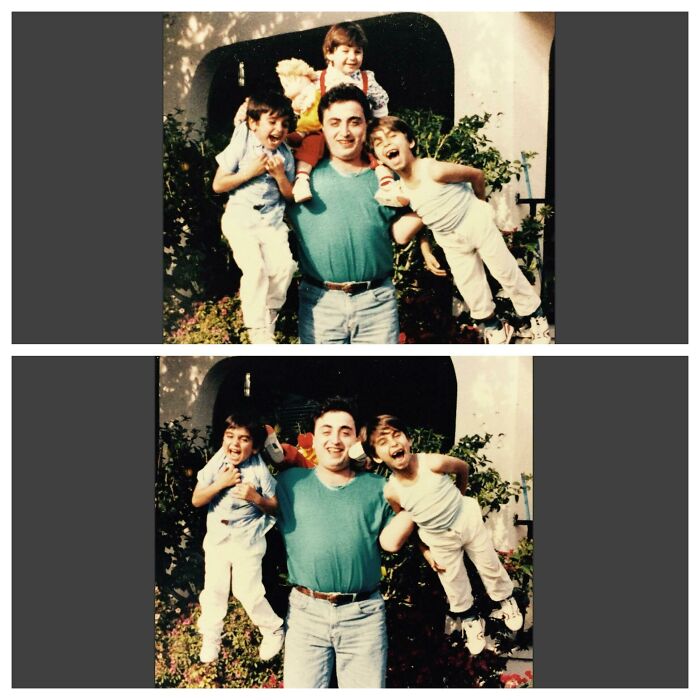 Two kids playfully hanging from a man’s arms in perfectly timed photos capturing spontaneous joyful moments better than Photoshop.