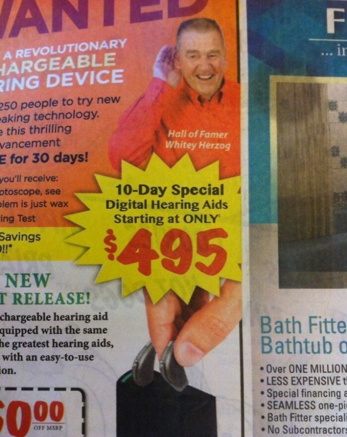 Man holding hearing aids in a humorous advertising placement fail highlighting digital hearing aids priced at $495.