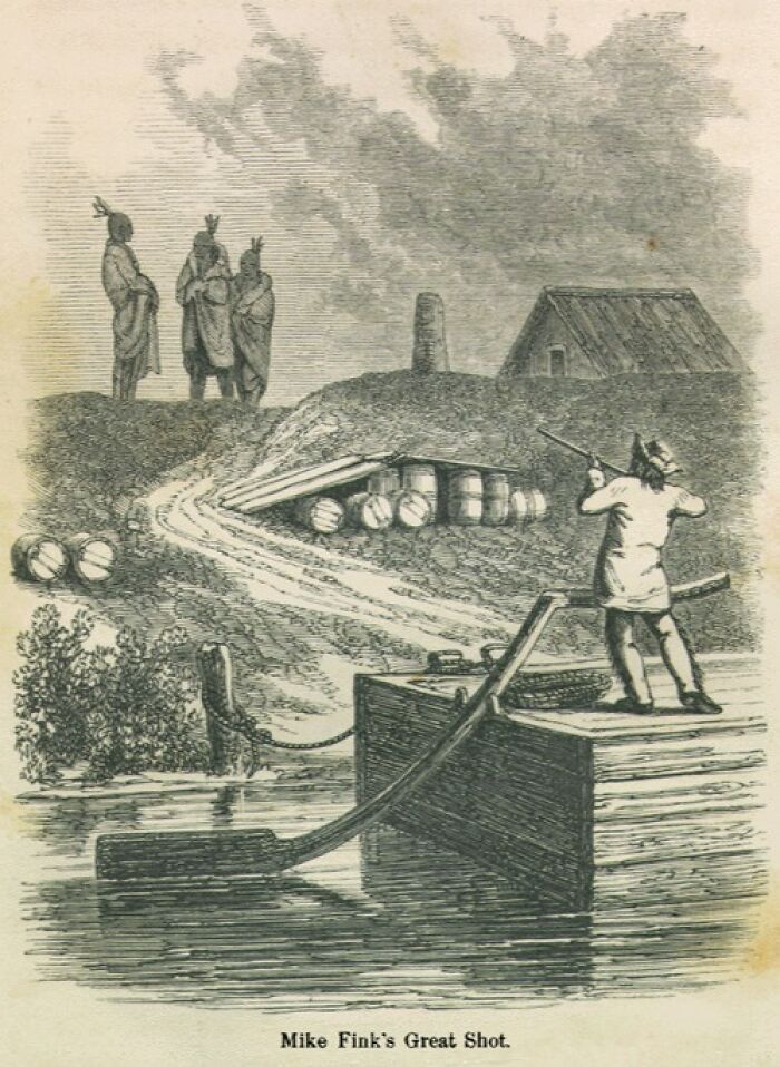 Vintage illustration of American folk hero Mike Fink aiming a gun from a boat near the riverbank with Native Americans watching nearby.