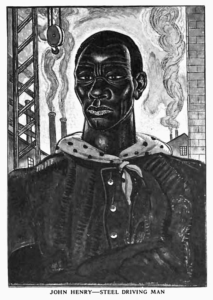 Illustration of John Henry, an American folk hero, known as the steel driving man with industrial background smoke.