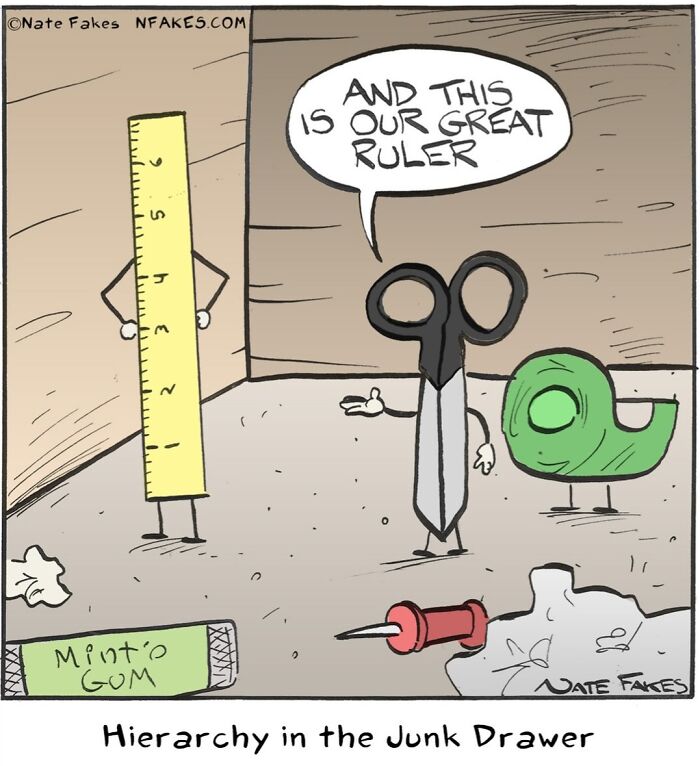 Single-panel comic showing a hierarchy of animated junk drawer items including scissors as the ruler.