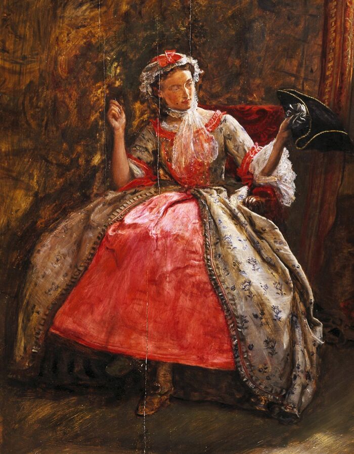 Victorian woman in detailed period dress seated on a chair holding a tricorn hat, showcasing bizarre and creepy Victorian facts.