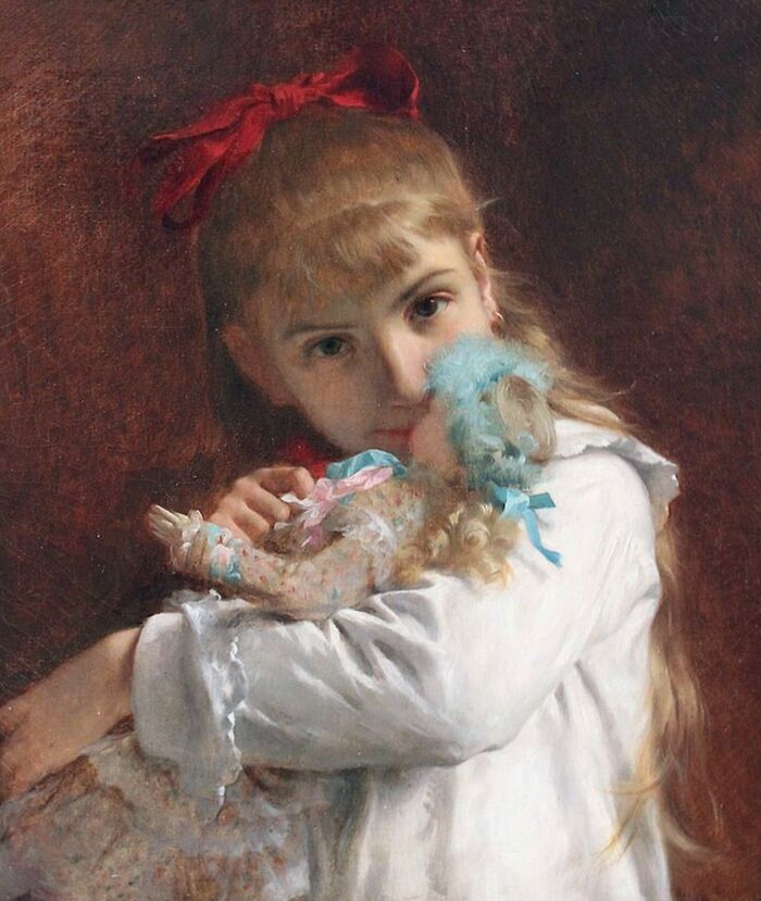 Victorian girl with long hair and red bow holding a worn doll, illustrating bizarre and creepy Victorian facts.
